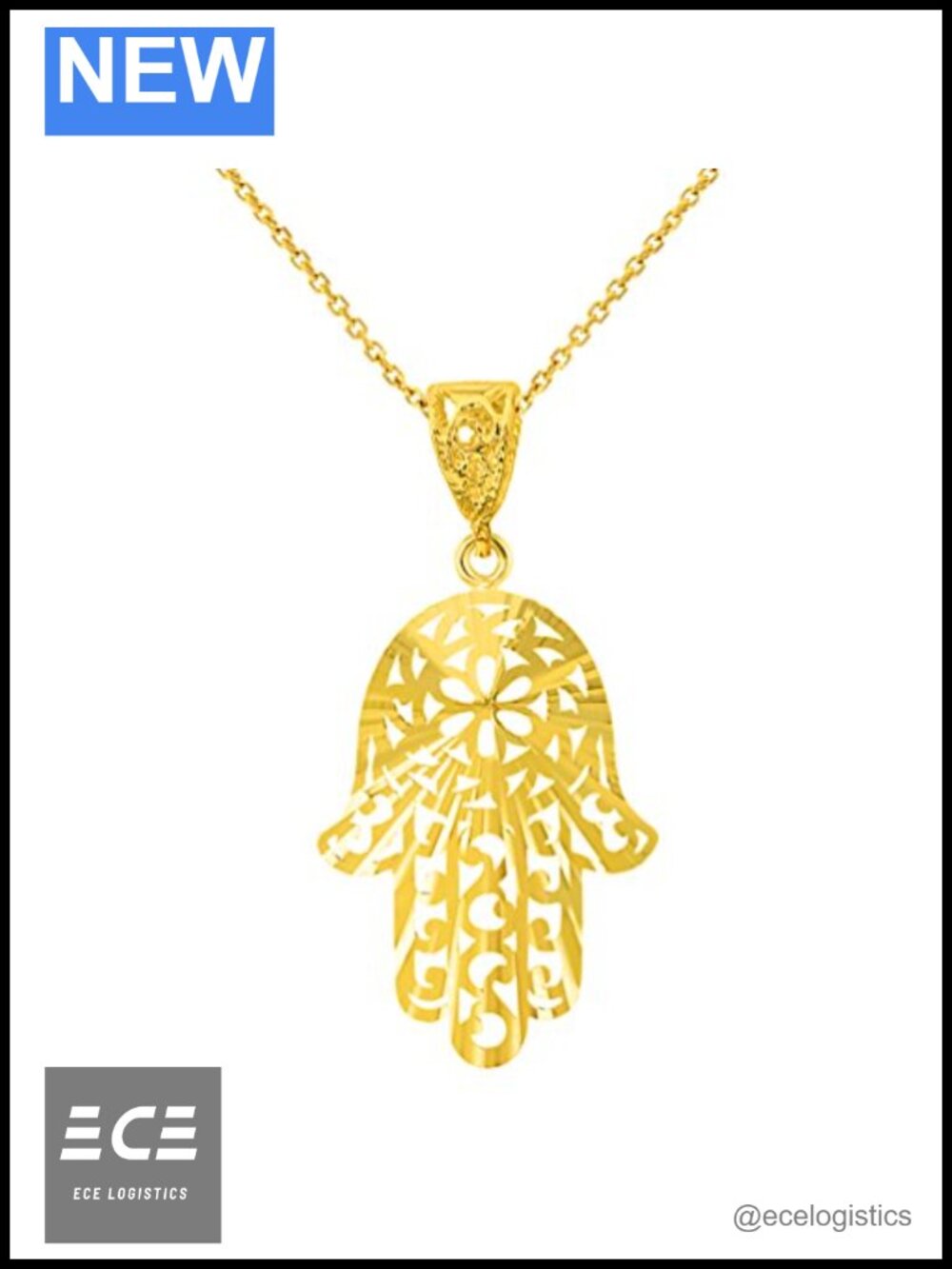 14K Yellow Gold Filigree Hamsa Hand of Fatima Pendant Necklace